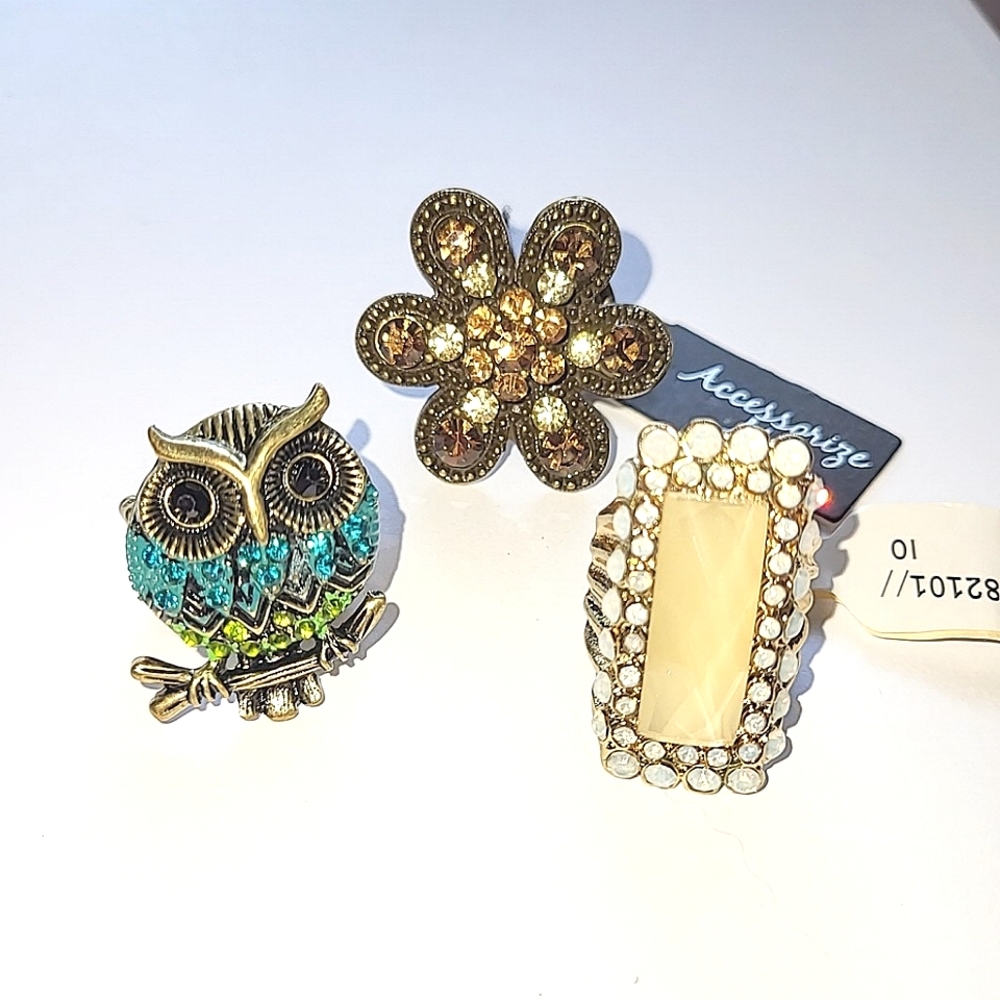 STRETCHY RING LOT - OWL, FLOWER, YELLOW STONE - ALL NWT - Picture 6 of 6